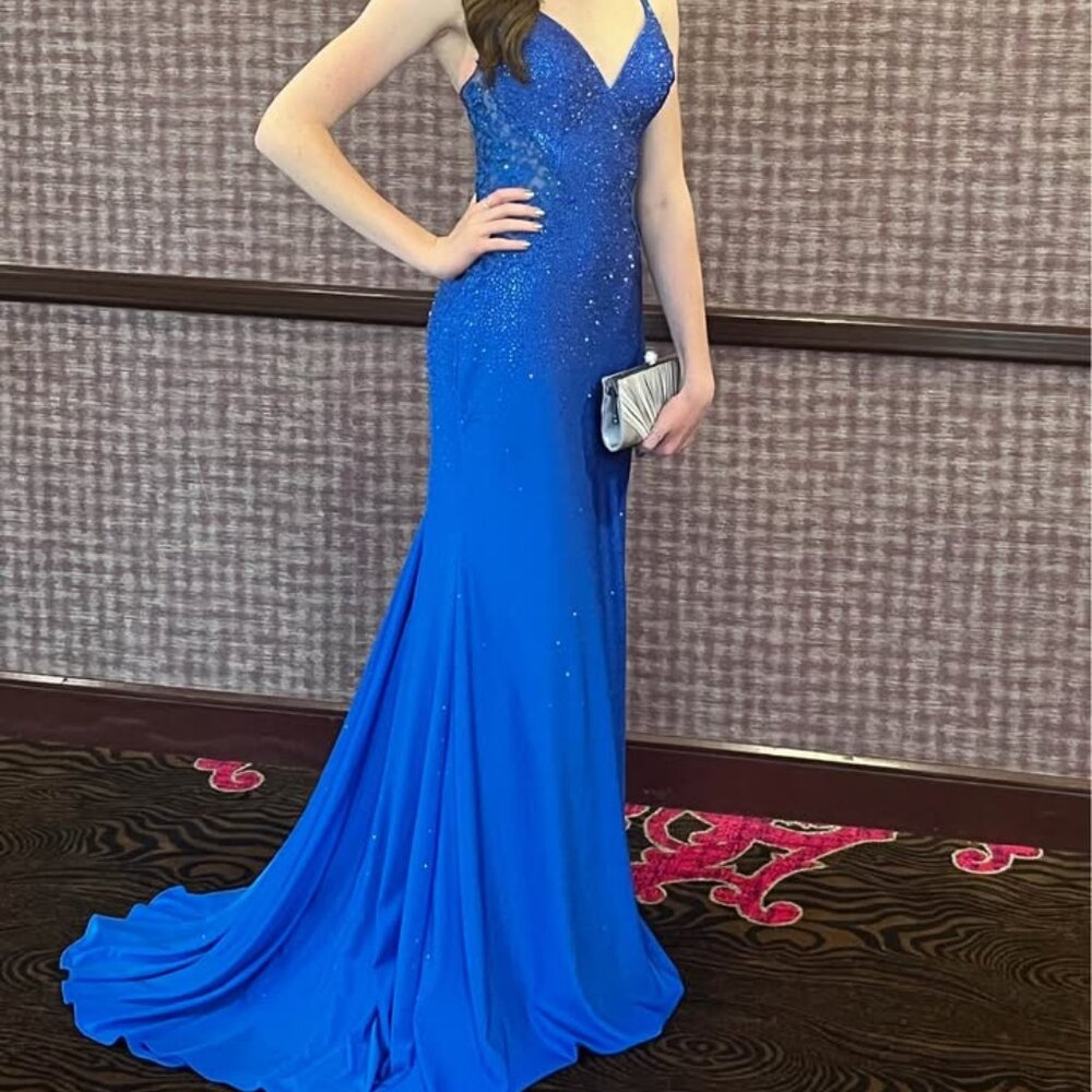 Cinderella Divine Blue Beaded Floor Length Formal